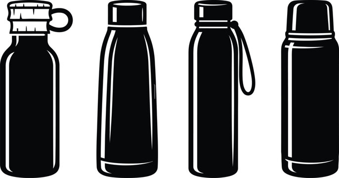 Diverse assortment of black water bottles and thermoses, a neat vector sketch on white setting, high resolution.