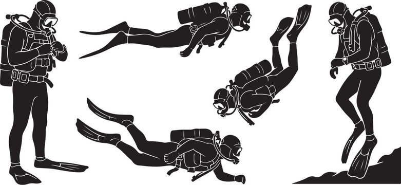 Scuba divers, diving icons, black silhouettes, vector graphics, 5 scuba diving illustrations
