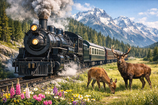 Vintage Steam Train Passing Through Scenic Mountain Forest and Wildflower Landscape