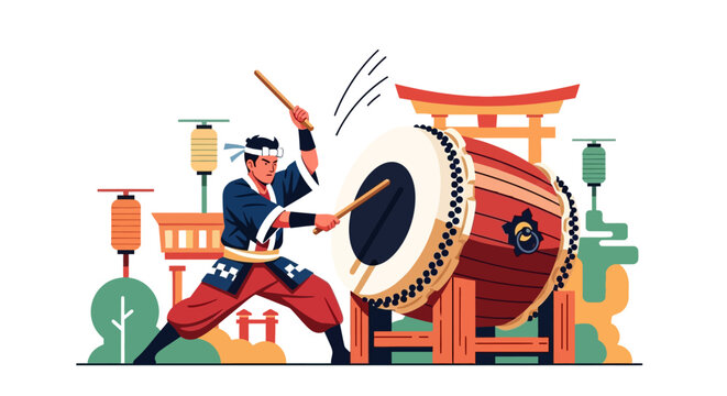 Flat Vector Taiko Drummer Performance Summer Matsuri