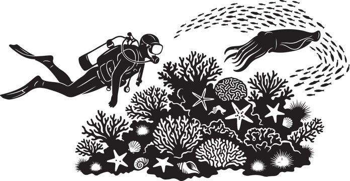 Black and white scuba diver, coral reef, sea creatures, ocean illustration