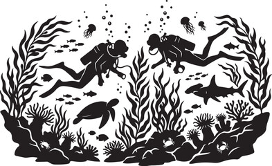 Obraz premium scuba divers, underwater scene, black silhouette, ocean life, sea creatures, vector illustration