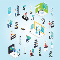 modern exhibition promotion stands set isometric images with various racks cabinets with interactive trade show 3d rendering retail promotional contemporary © enggartiasto