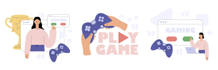 Gaming concept set with woman, gamepad controller and trophy. Online gaming web interface with toggle button, hand holding joystick and play game screen. Flat vector illustration © Marta Sher