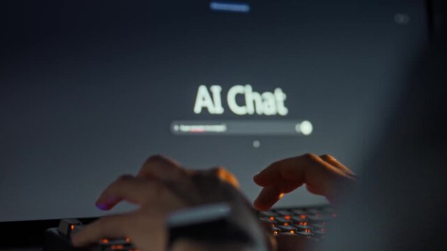Man's hands rapidly type query into chat window computer screen, utilizing keyboard interact AI model's interface, exemplifying human-machine communication modern info retrieval processes seamlessly
