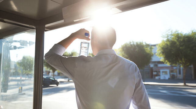 A man at a bus stop drinks water, enjoying a sunny day. The sun illuminates the scene, highlighting a moment of refreshment.