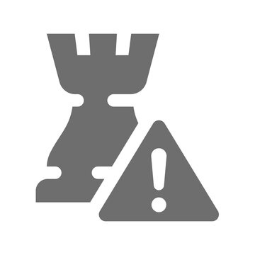 King chess piece and warning exclamation mark or point sing. System breach, danger or attention vector icon.