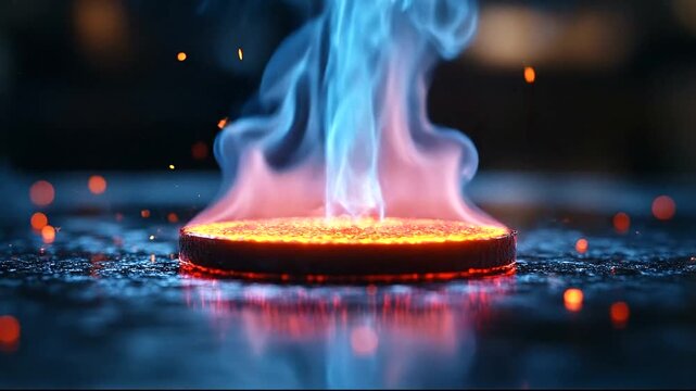 Vibrant blue and orange flames dancing over a glowing circular surface