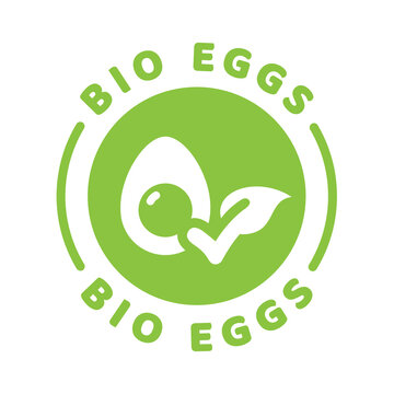 Bio eggs circle label. Bio egg vector icon with leaf and checkmark.