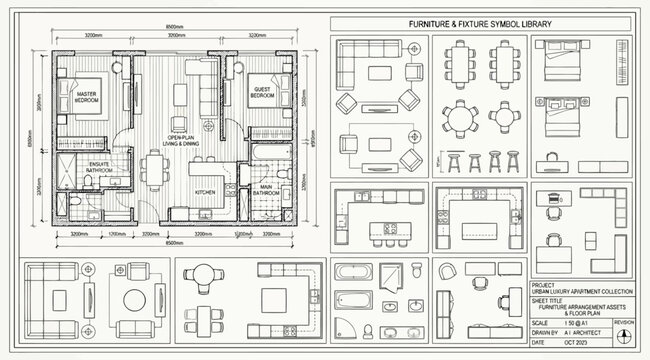 Furniture and fixture symbol library for architectural floor plan design