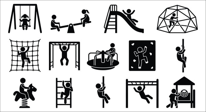 playground equipment icons set black silhouettes on white background