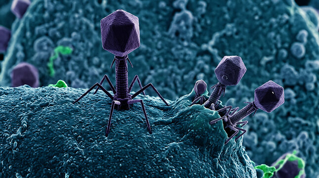 Bacteriophages infecting a bacterial cell surface in a microscopic view