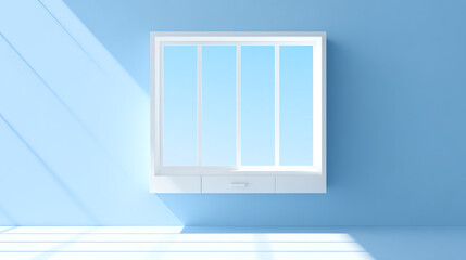 Obraz premium A modern white window framed against a light blue wall, showcasing a bright and airy interior space with natural sunlight.