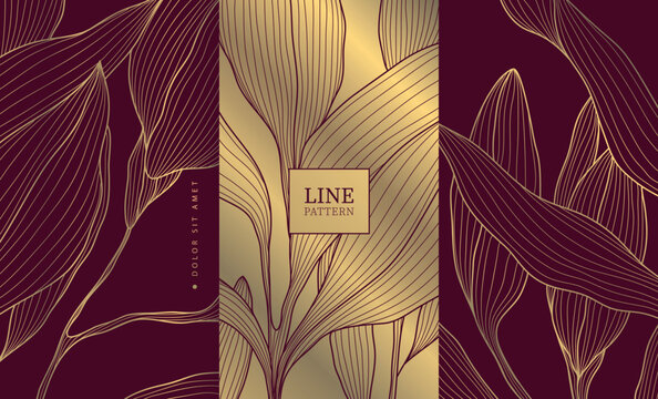 Elegant luxury burgundy background design, golden floral ornament, decorative line elements. Modern vector template for wine labels, perfume, cosmetic packaging, jewelry branding, etc.