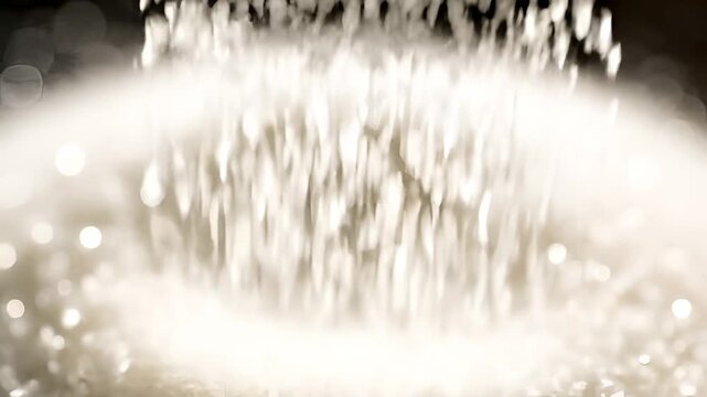 Closeup of Sugar Crystals Falling from a Spoon into a White Substance.