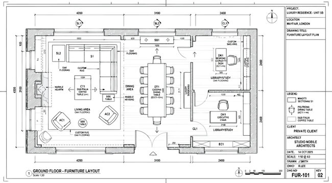 Architectural furniture layout plan for a luxury residence in mayfair, london
