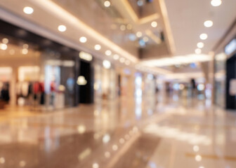 Fototapeta premium Blurry interior view of a modern shopping mall with illuminated storefronts and polished floors, creating a vibrant shopping atmosphere.