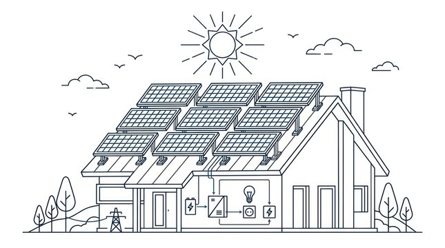 Eco-friendly house with solar panels on roof, renewable energy concept