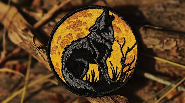 Embroidered patch of a howling wolf against a yellow moon background