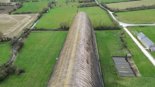 Vue a&eacute;rienne par drone du Hangar &agrave; dirigeables d'&Eacute;causseville, monument historique en b&eacute;ton arm&eacute;, Normandie, France