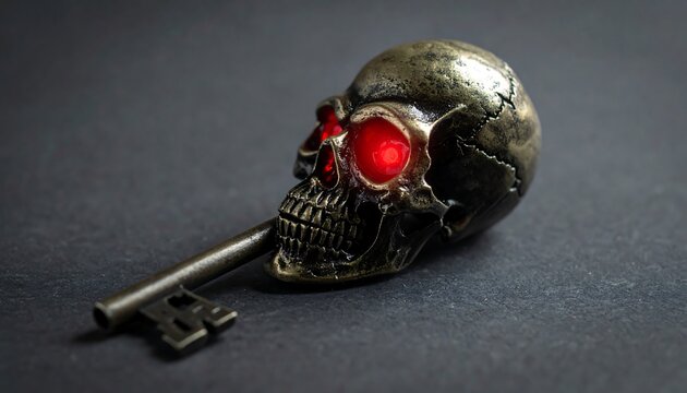 Metallic skull key with glowing red eyes on dark surface background