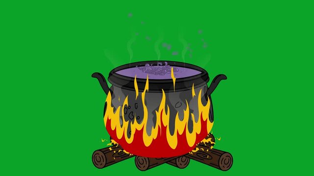 Hand Drawn Witch Cauldron Boiling Magic Potion 2D Animation on Green Screen
