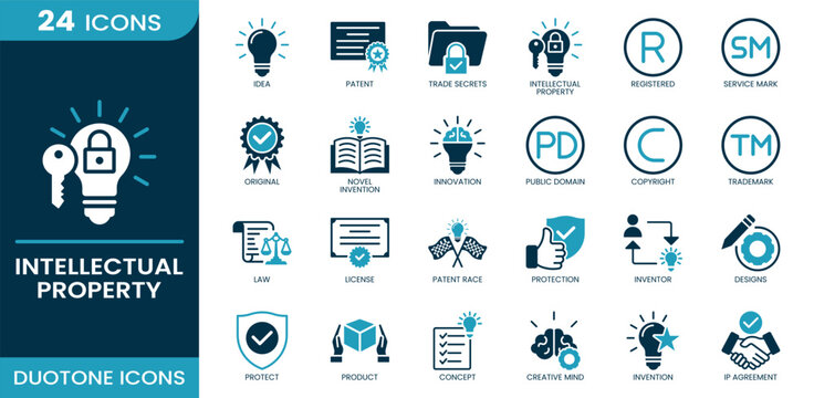 Intellectual property icon set. idea, patent, trade secrets, intellectual property, registered, copyright, trademark, invention. Duotone icons.