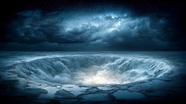 A powerful cosmic vortex of churning water and dark clouds, resembling an oceanic maelstrom under a starlit sky.
