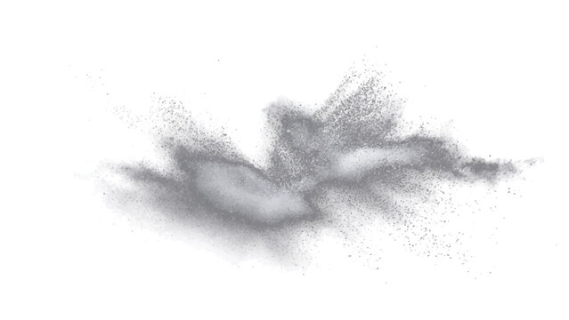 Abstract energetic grey powder explosion cloud, dynamic burst particle disintegration, high-speed motion capturing a moment of chaotic dispersion.