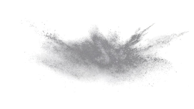 Explosion grey powder midair, suspended particulate matter dissemination, conveying dynamic energy chaotic dispersal.