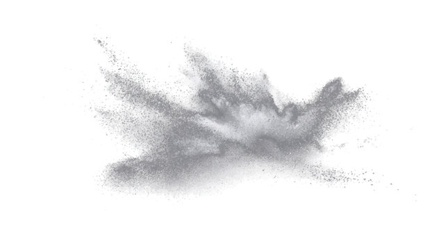 Explosion of fine grey powder creating dynamic abstract cloud effect, reminiscent of cosmic dust or chemical reaction, captured in mid-air against clean backdrop.