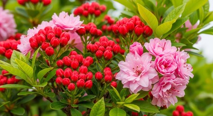 Fototapeta premium Vibrant Rhododendron Bush with Pink Flowers and Red Buds in Full Bloom.