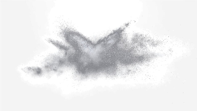 Explosion grey powder against bright background, conveying dynamism, dispersion, particle disintegration.