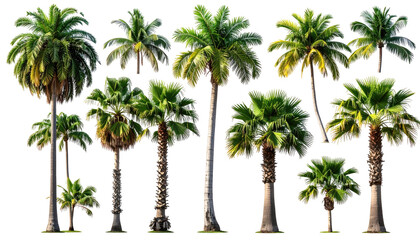 Fototapeta premium A composite of various palm trees, each with a unique shape and size, set against a transparent background