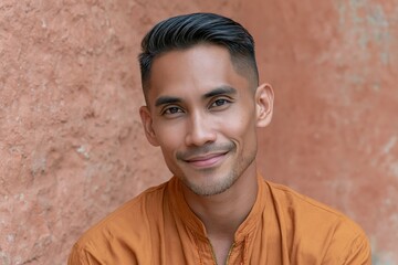 Obraz premium Smiling man in rust shirt against textured wall for warm portrait background and lifestyle profile imagery