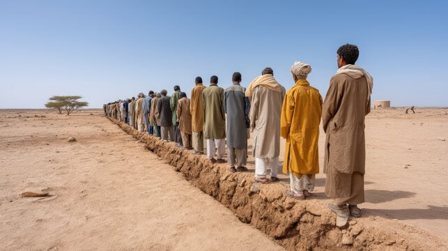 Long queue of people in traditional clothing waiting for water rations in a dry desert environment