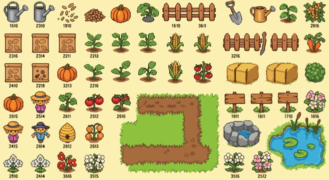 Farming game assets collection, cute cartoon garden icons set, agriculture and ranching vector elements for mobile game interface design
