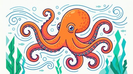 Fototapeta premium Cute Cartoon Orange Octopus Swimming Underwater with Seaweed and Bubbles