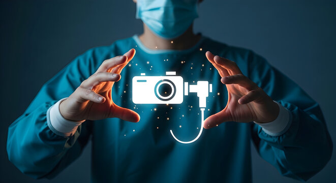 Professional surgeon holds glowing digital camera icon for endoscopic surgical procedures now.