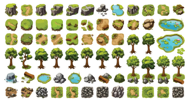 Isometric game environment assets, 72 nature map elements vector set, cartoon landscape tiles with trees, rocks, ponds and grass for level design