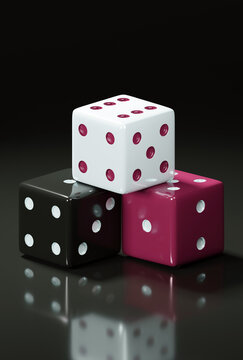 Three stacked Dice, Black Forest Dice with White dots, White Dice with Fandango dots, Fandango Dice with White dots. 3 Dices place on Black Forest background