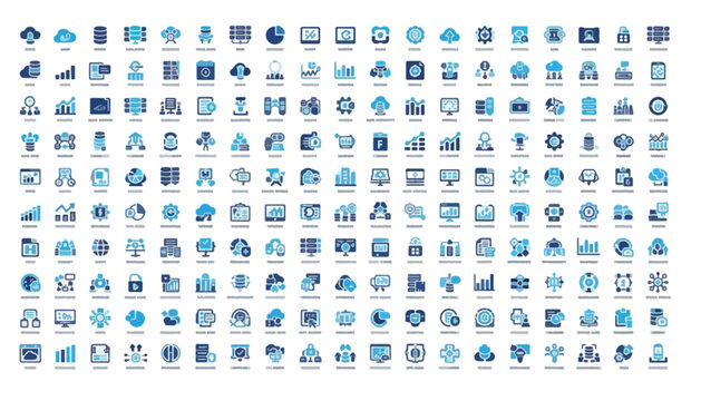 Big data and business analytics icon set, 200 blue technology vector icons, cloud computing and digital marketing symbols for web design and infographics