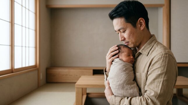 Japanese father cradling swaddled newborn baby in minimalist home.