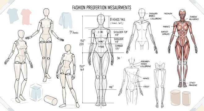 Fashion proportion measurements croquis set, female mannequin body templates for apparel design, anatomical figure drawing guide for garment construction