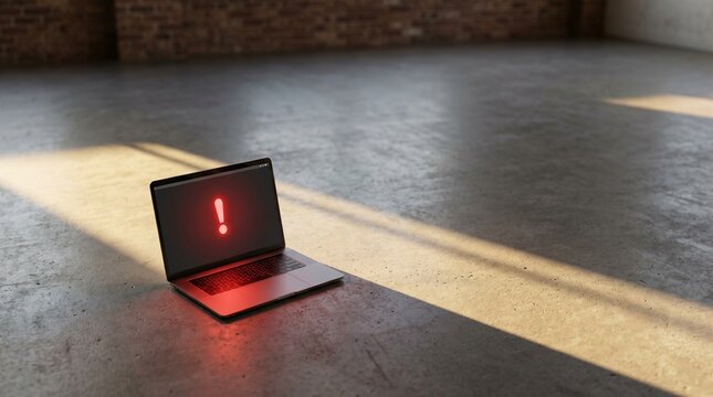 Laptop on concrete floor showing red exclamation mark warning in industrial loft.