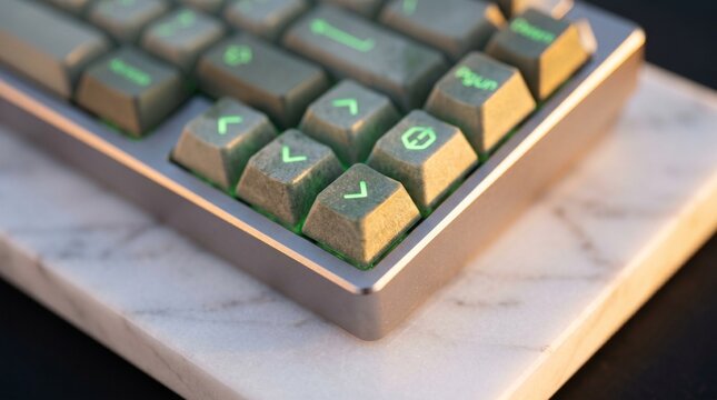 Mechanical keyboard with green backlit stone keycaps on white marble surface