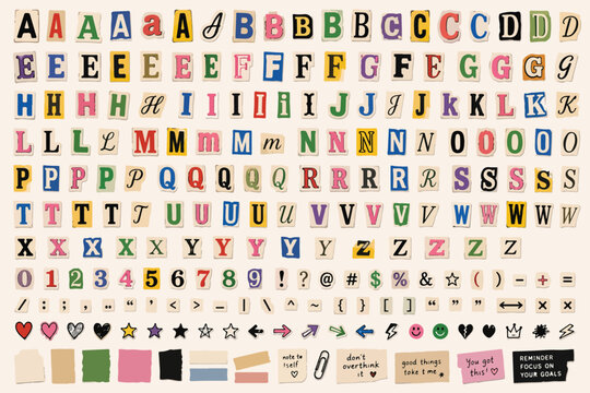 Ransom note alphabet letters, vintage magazine cutouts and newspaper clippings, colorful collage typography set with numbers and symbols for punk design