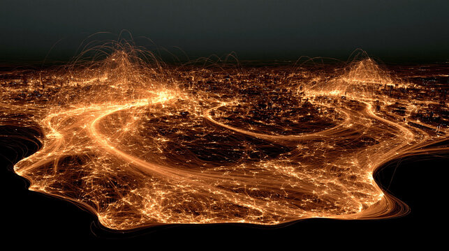 The Algorithm Lattice: An abstract network of copper filaments, light paths moving rapidly through them, an overlay layer of clean financial percentages shifting dynamically