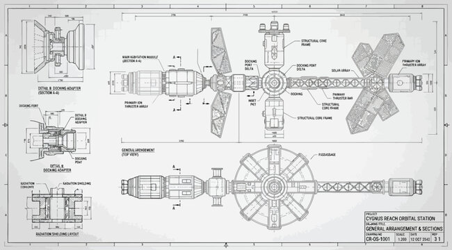 Technical blueprint of cygnus reach orbital space station