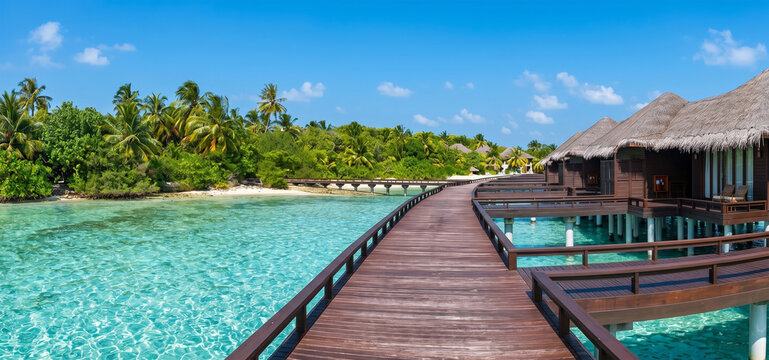 Tropical island wooden boardwalk, beautiful maldives resort pathway, turquoise ocean beach bridge, luxury summer vacation destination, pristine white sand shore, tropical paradise beach background, ov
